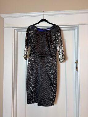T Tahari Black Leopard-Print Midi Dress with Subtle Gray Accents